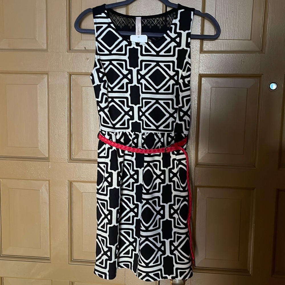 BRAND NEW! Black and white dress with red belt size small